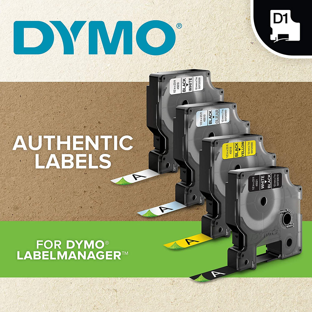Compatible DYMO D1 Durable Label Cassette Tape, 12mm x 3m, White/Black