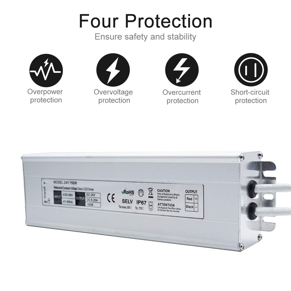 LED Power Supply, 24V 150W IP67 AC 90-265V ,