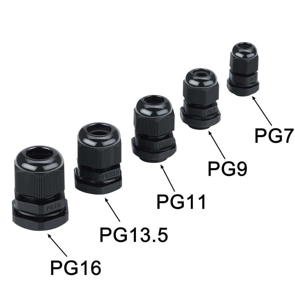 Plastic Waterproof Adjustable 3.5-13mm Cable Glands Joints, PG7, PG9, PG11, PG13.5, PG16 (35 Pieces)