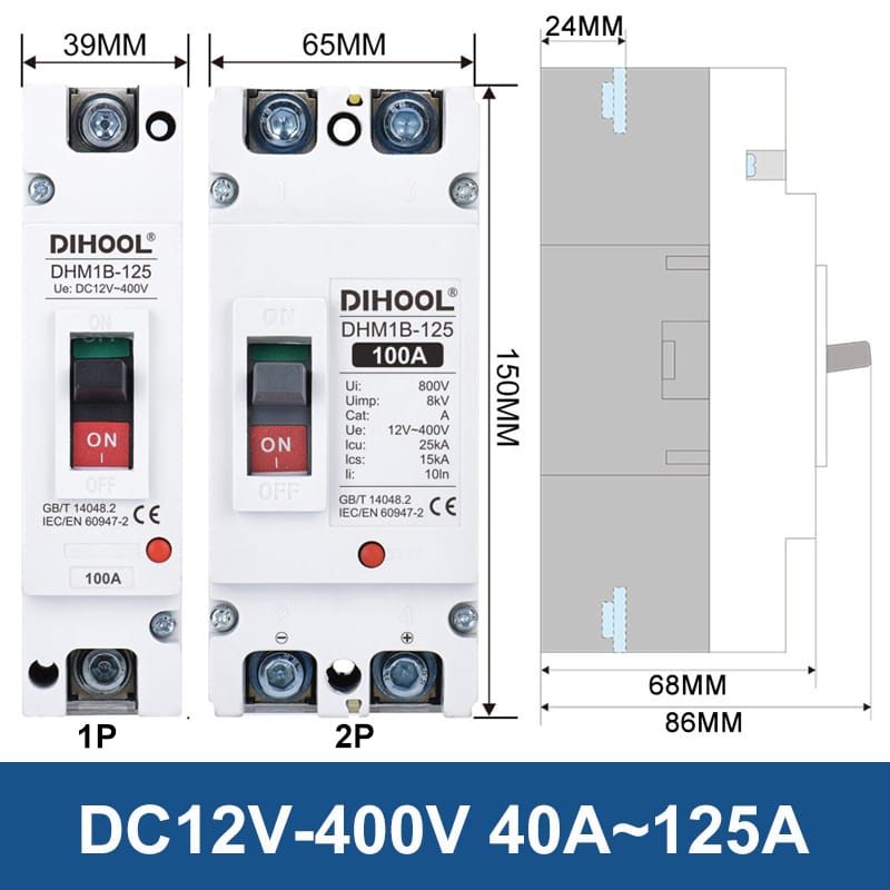 DC 12V 24V 48V 72V MCCB 125A 100A 200A 250A 300A 400A