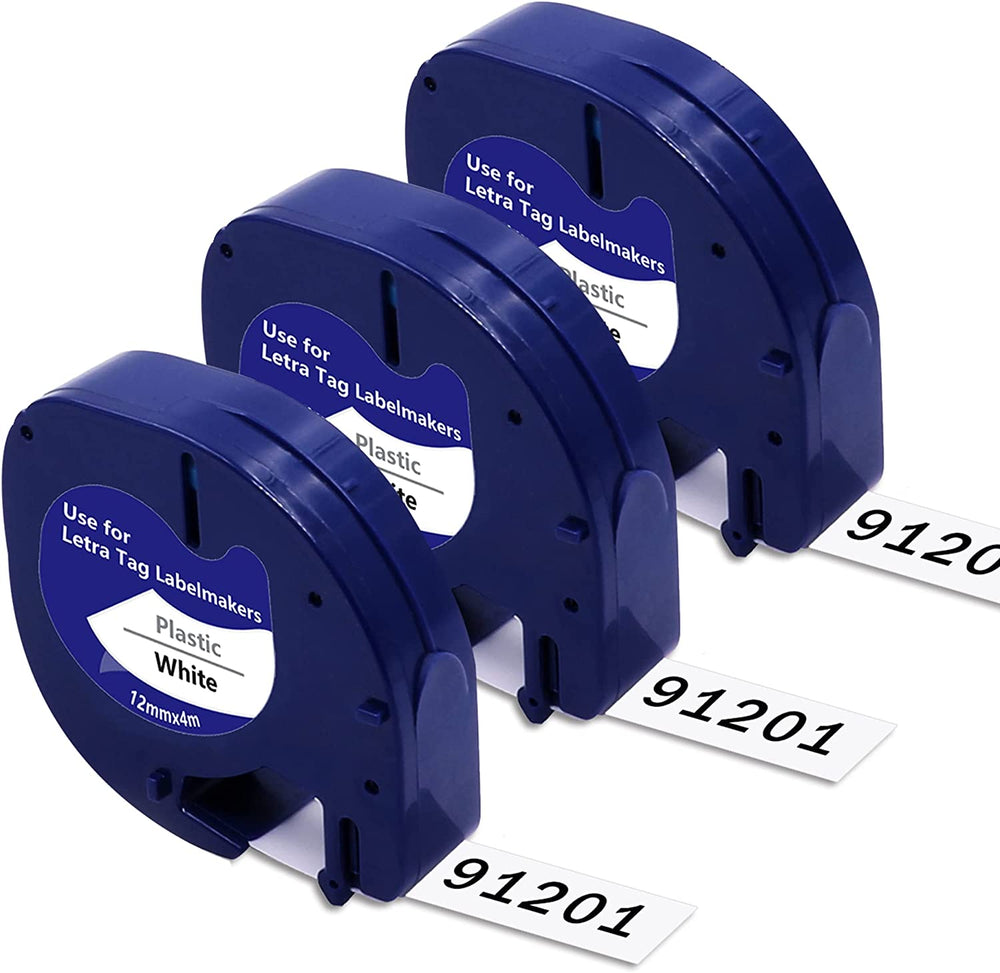 Compatible 12mm x 4m White Plastic Letratag tape 91201
