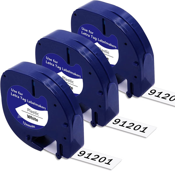 Compatible 12mm x 4m White Plastic Letratag tape 91201